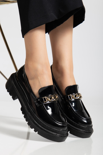 DİORİN Women's Loafer Moccasin Slim Stylish Buckle Black Patent Leather Casual Shoes