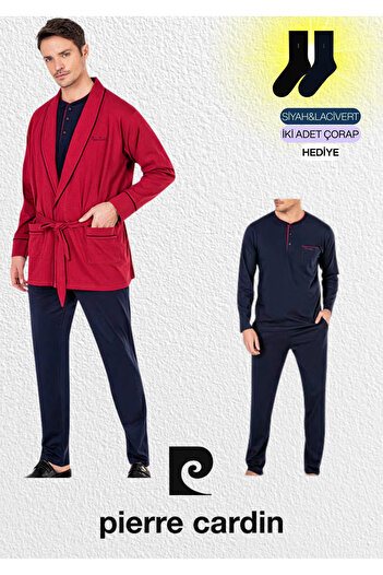 Pierre Cardin Men's Burgundy Combed Cotton 3-Piece Robdöşambır & Long Sleeve Pajama Set (2 Socks Gift)