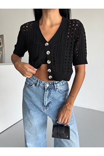 Bracha Short Sleeve Openwork Pattern Button Detailed 100% Cotton Crop Cardigan