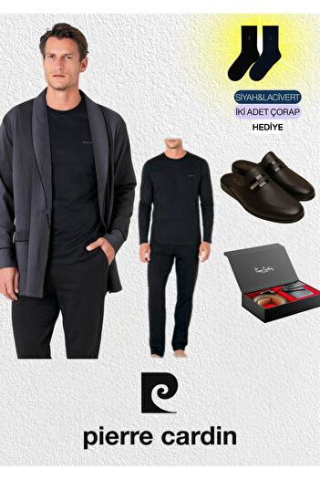 Pierre Cardin Men's 3-Piece Combed Cotton Robdoshambir - Long Sleeve Pajama Set & Leather Slippers & Genuine Leather Belt Wallet Set