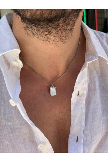 Fjellor Atalente Men's Minimal Rectangle White Onyx Natural Stone Pointed Steel Necklace