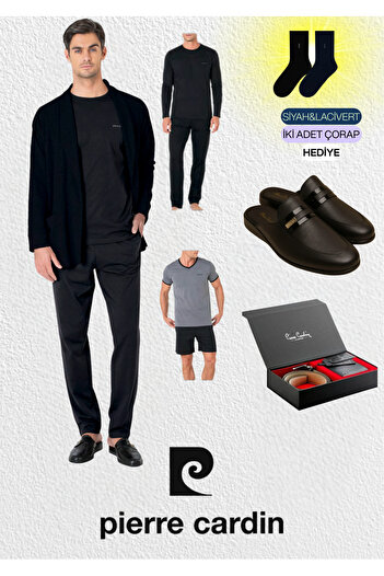 Pierre Cardin 5 Piece Boxed 100% Cotton Robdöşambir - Pajama Set & Leather Slippers & Genuine Leather Belt Wallet Set