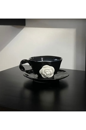 INTEREV 1 Pc French Retro Ceramic Tea/Coffee Cup and Saucer Set - Black