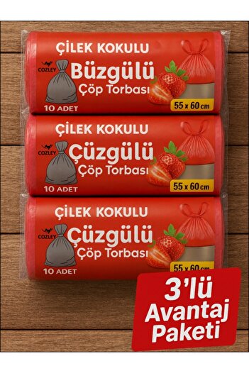 COZLEY 30 Adet Çilek Kokulu Büzgülü Orta Boy Avantaj Paket Çöp Poşetleri Çöp Torbaları 55X60 CM