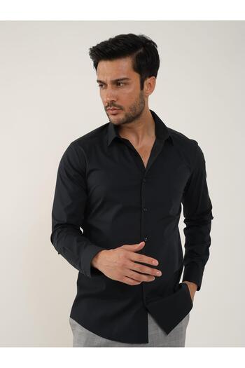 Dufy Black Men's Slim Fit Plain Classic Collar Long Sleeve Shirt