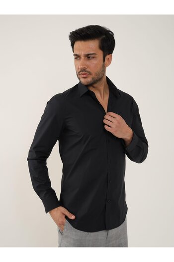Dufy Black Men's Slim Fit Plain Classic Collar Long Sleeve Shirt