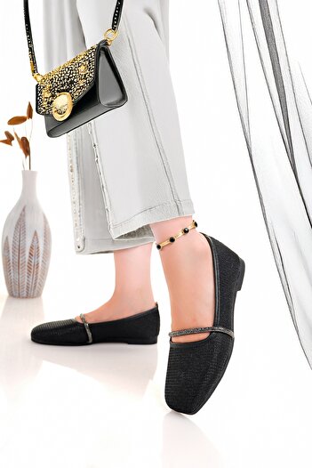 Modafırsat Women's Ballerina Black Stone Stylish Home Business Office Casual Shoes