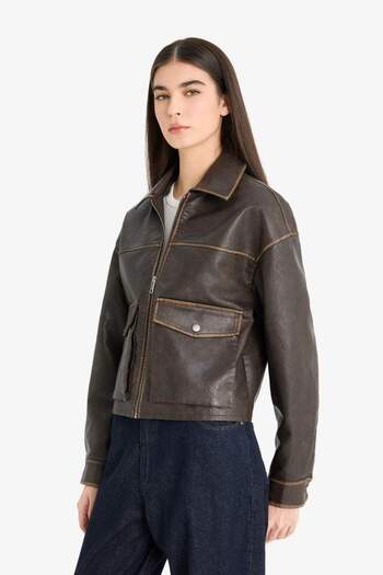 DeFacto Relax Fit Polo Collar Taffeta Faux Leather Coat E8538Ax25Au