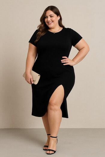 Ayena Moda Women's Plus Size Short Sleeve Side Slit Crew Neck Viscose Dress