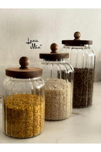 Luca Mia Glassya Acacia Lid Glass Jar Set (1200 – 1800 – 2800 ml) – Glass Storage Set, Natural Wood