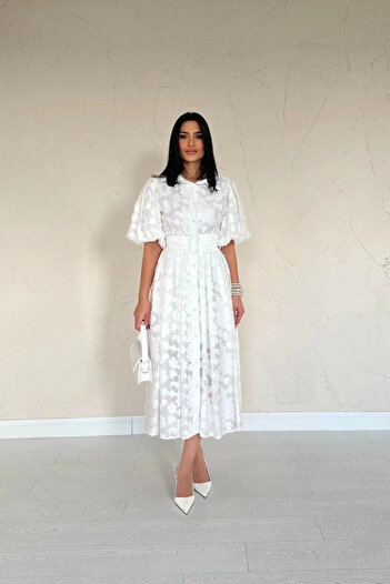 anizmir Fenix ​​Piel Ecru Belted Balloon Sleeve Dress