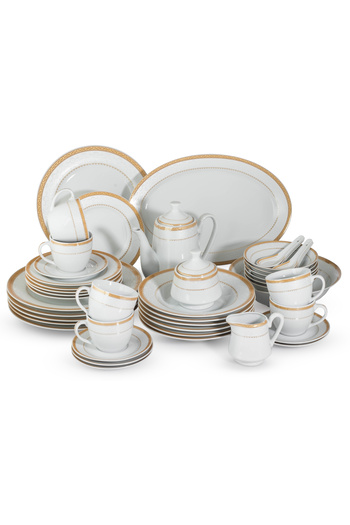 Dania 49-piece porcelain dinner set, white with gold line, serves 6 people
