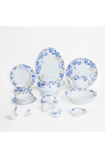 Alsaif Gallery Porcelain Dinner Set Blue Pattern Alsaif Gallery, 65 Pieces, Round - White