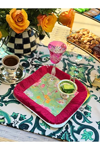 Merve Kaymakcı Flower Pattern Cocktail Napkin -Fuchsia Fringe