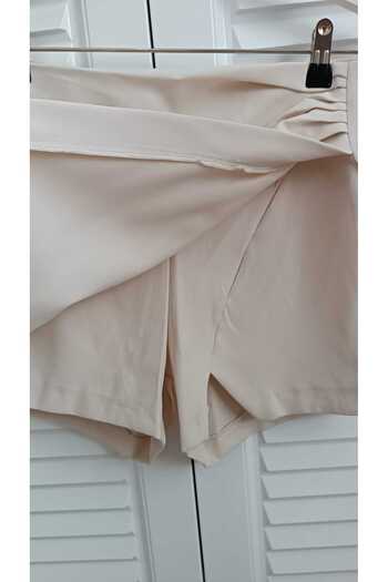 KAROL Asymmetrical Cut Beige Lycra Shorts Skirt with One Side Drape Detail