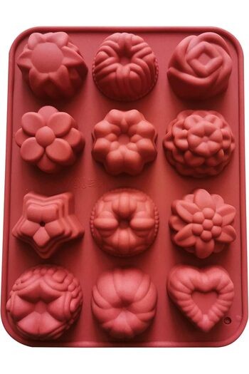 Generic Multi-Purpose Silicone Baking Mold with 12 Cavity Decorative Heart and Flower Patterns for Cakes