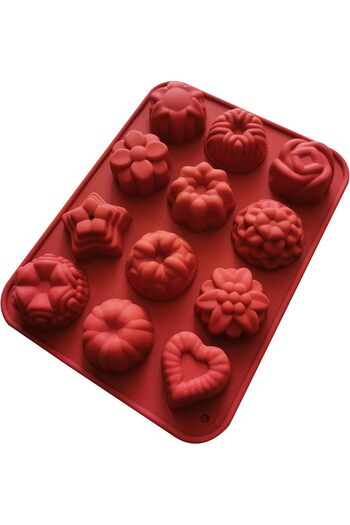 Generic Multi-Purpose Silicone Baking Mold with 12 Cavity Decorative Heart and Flower Patterns for Cakes