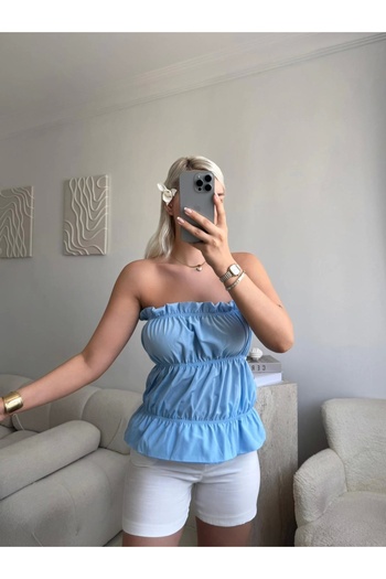 Zora Butik Volanlı Straplez Crop - MAVİ