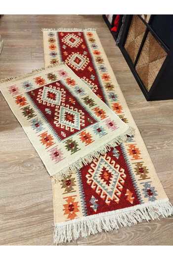 OEM 1+1 set of traditional, woven, jute, double-sided rugs, 80x200cm+60x90cm red and cream, ROMB model