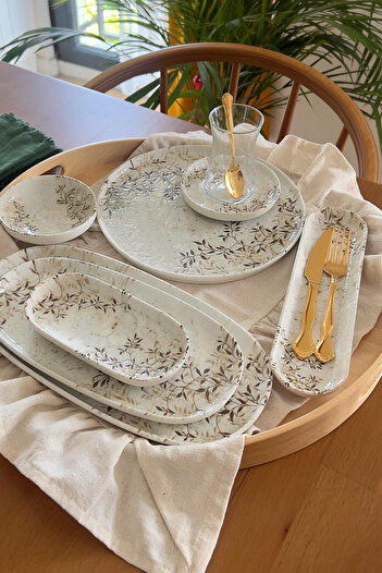 Home Ivoryleaf 29 Piece Porcelain Breakfast Set for 6 People with Tea Cup Boat Presentation Set Cream