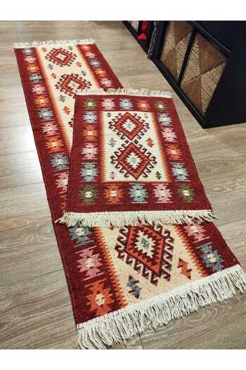 OEM 1+1 set of traditional, woven, jute, double-sided rugs, 80x200cm+60x90cm red and cream, ROMB model