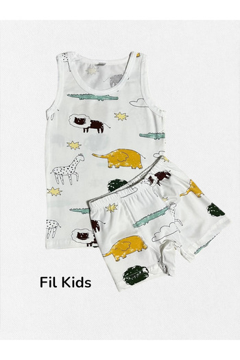 elmas kids Boys' 100% Cotton White Color Giraffe Elephant Crocodile Patterned Network Stitched Undershirt Boxer Set