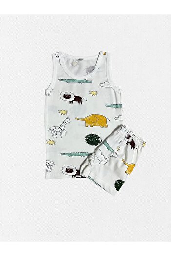 elmas kids Boys' 100% Cotton White Color Giraffe Elephant Crocodile Patterned Network Stitched Undershirt Boxer Set