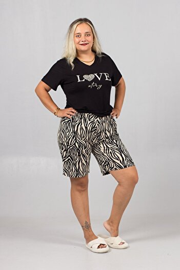 Truva XXL Plus Size Pajama Set with Ruched Sleeves and Zebra Shorts