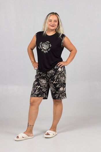 Truva XXL Comfort Plus Size Black Pajamas and Patterned Shorts Set