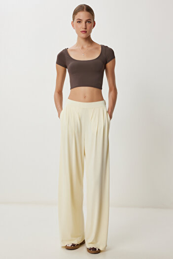 Lovelyİstanbul Wide Leg Draped Modal Trousers Lub0208 Light Yellow