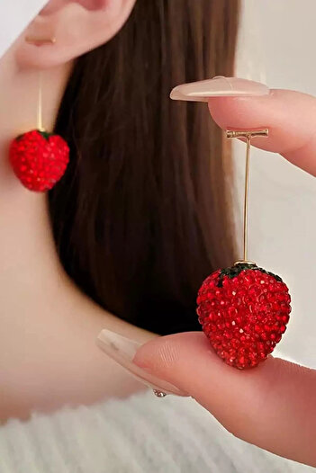 Mutenaura Gold Color Stone Detailed Cherry Figured Earrings (Pair)