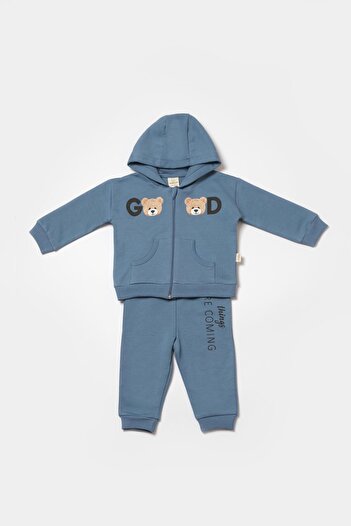 Magu Baby Cotton Blue Hooded Teddy Bear Printed Tracksuit Set - Two Pieces