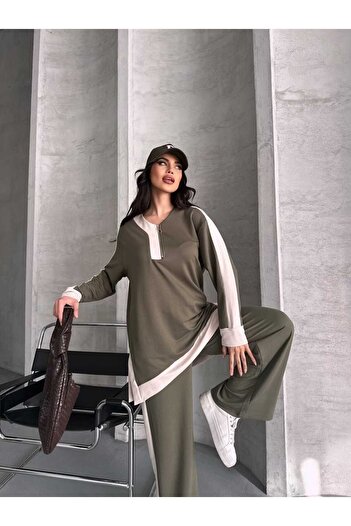 02Lady Fashion Garnili Oversize Yarım Fermuarlı Yırtmaç Detaylı Geniş Paça Modal Kumaş Eşofman Takım