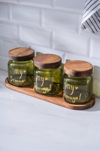ACAR 7937 Pierre 3-Piece Acacia Wood Jar Set with Lid and Tray 12 cm - Green