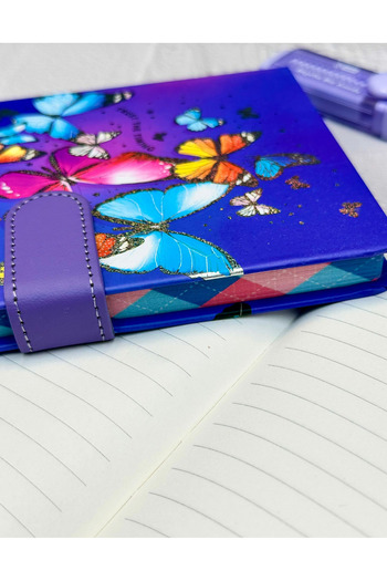 ZeCo Collection Butterfly Patterned Striped Hard Cover Magnet Notebook Purple