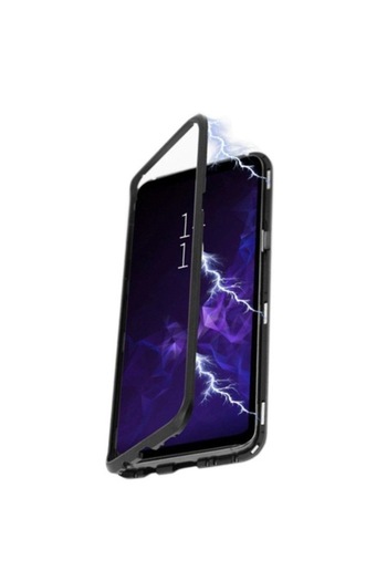 Bibilel Magnetic Case High Quality for iPhone XR, Metal Frame and Tempered Glass Back, Black-Transpa