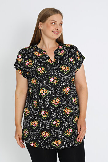 İntensive Black Plus Size Cotton Floral Pattern Cotton Blouse