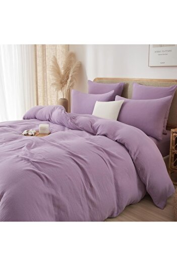 Luofanfei Lenjerie pat bumbac muselina, set cu husa pilota dubla 260x240, 2 fete perna 65x65, mov lila