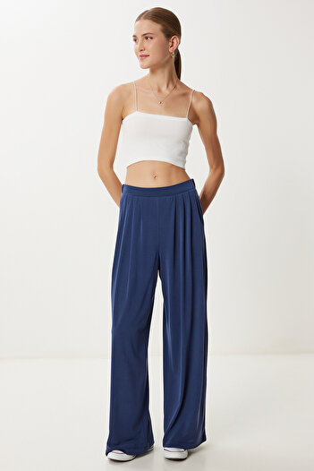 Lovelyİstanbul Wide Leg Draped Modal Trousers Lub0208 Dark Blue