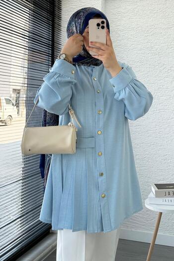 MELEK ARAZ Linen Tunic with Side Belt and Pleat Detail – Blue
