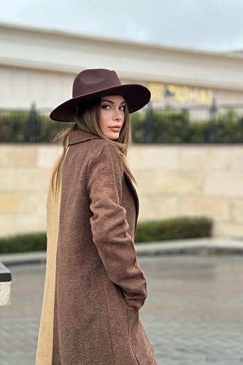NEW LAVİVA Kadın Kahve & Camel Color Block, Çift Kese Cep, Gold Düğme Detaylı Uzun Kaşe Kaban (Astarsız)