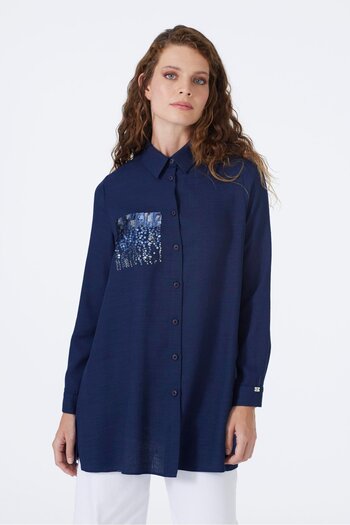 Zühre Sequin Detailed Navy Blue Shirt G-0101