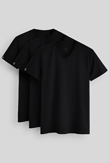 TOMMY LIFE Ανδρικό μπλουζάκι Standard Fit Basic V-Neck 3 Pack Μαύρο 87912