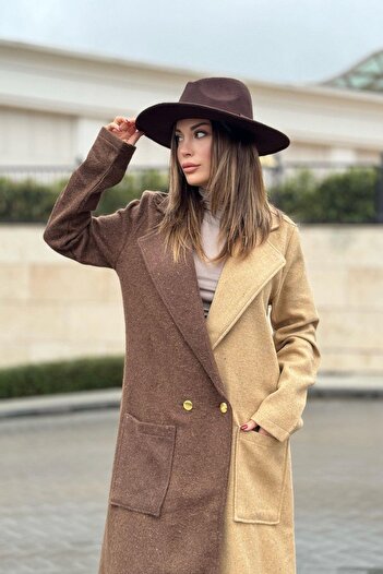 NEW LAVİVA Kadın Kahve & Camel Color Block, Çift Kese Cep, Gold Düğme Detaylı Uzun Kaşe Kaban (Astarsız)