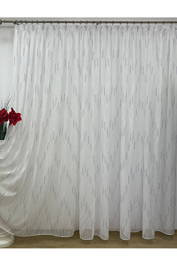 Liz Line White curtain, mechanically embroidered, with drapery, white/purple, "Game of lines" by Liz Line PD053