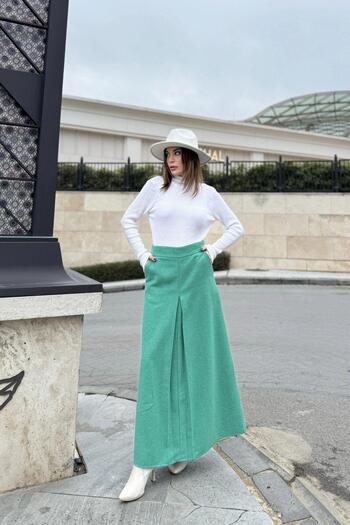 NEW LAVİVA Women's Green Pleat Detail on the Front, A-Line, Zipper Closure on the Back, Long Stem Skirt