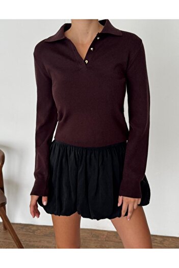 fujya Polo Neck Gold Button Classic Sweater Brown