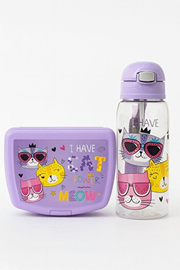 Bayev Cat 2-Piece School Lunch Set Lunch Box - Purple Lunch Container and Water Bottle Set