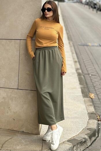 NEW LAVİVA Women's Khaki Elastic Waist, Comfortable Fit, Long Skirt with Pockets