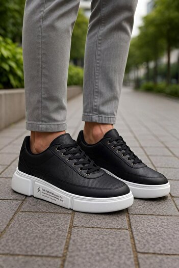 İmerShoes Casual Men's Black White Sports Shoes Lace-Up Stitching Detail Lightweight Thick High Sole Sneaker Mc06